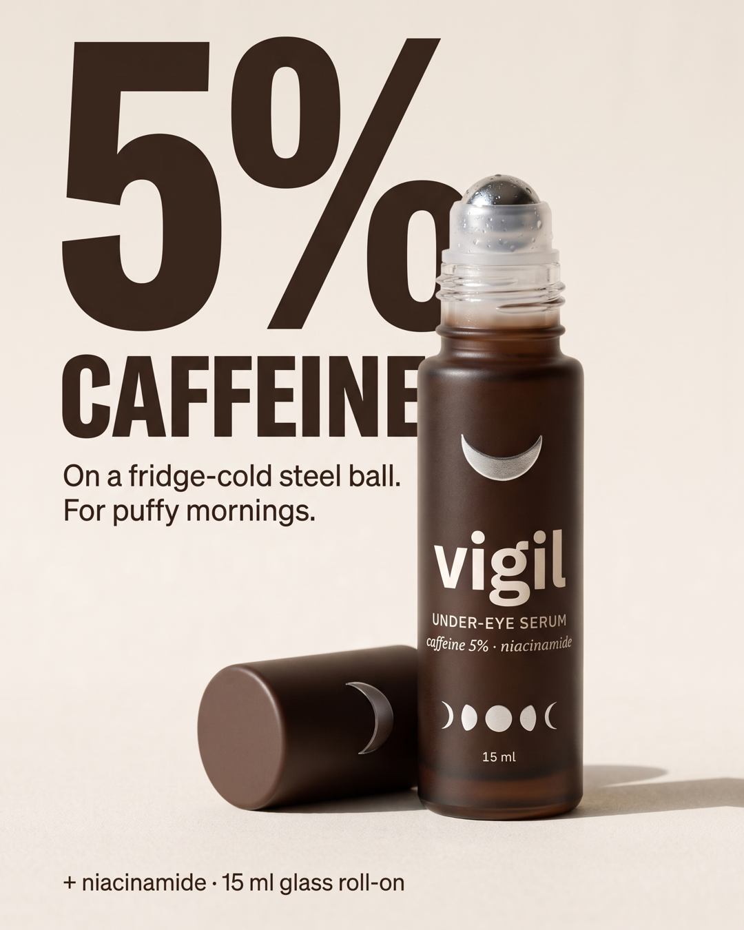 VIGIL silmaaluste seerumi reklaam: suur number „5%“ ja sõna „CAFFEINE“ pudeli kõrval